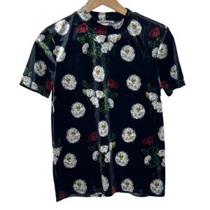 ZARA TRAFALUC | Black Velvet Mockneck Turtleneck Top with Floral Print | Size S